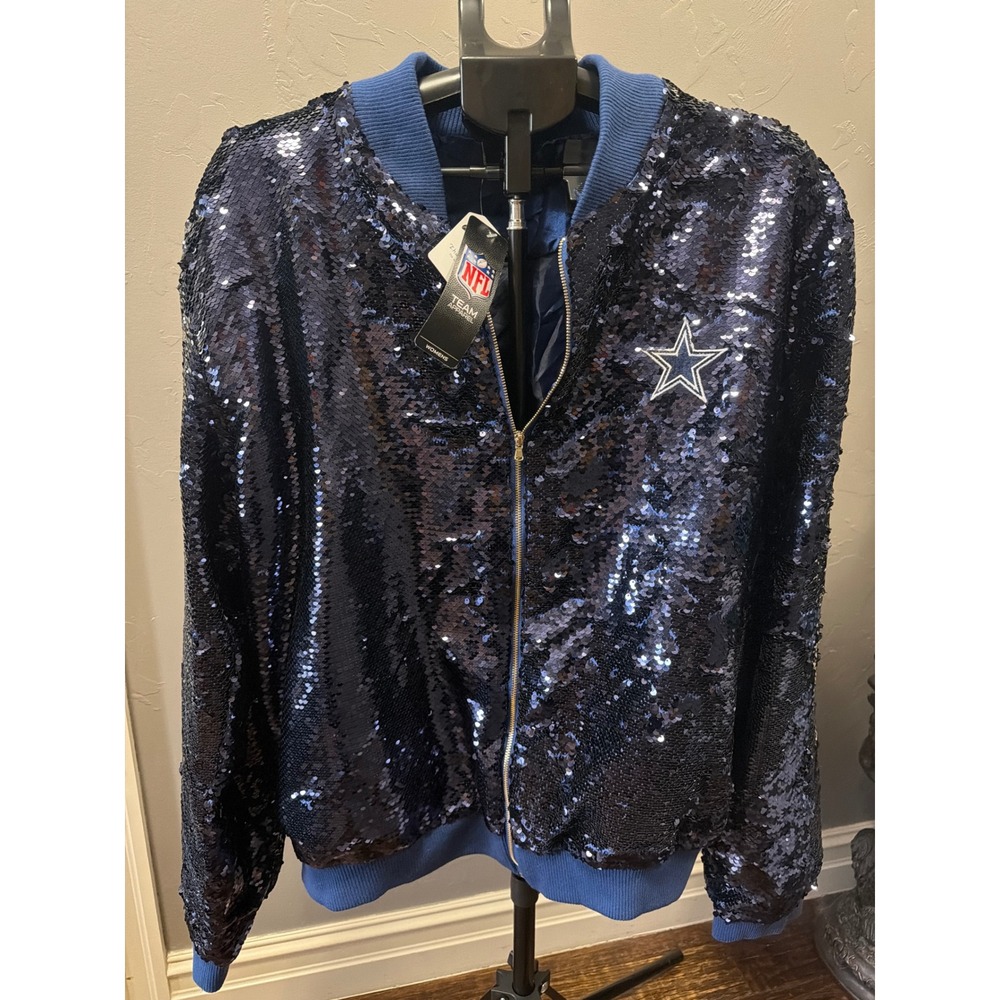 NFL Team Apparel Dallas Cowboys Sequin Bomber Jacket Navy Blue Womens 3XL NWT